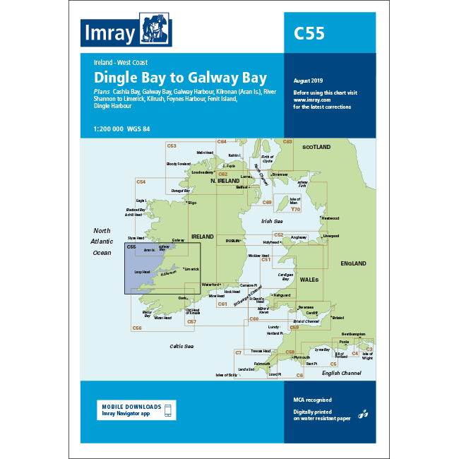 Imray Chart C55: Dingle Bay to Galway Bay is a nautical chart of Ireland’s west coast by Imray, showing highlighted areas, navigation details, chart scale, edition date, and mobile options for Imray C Series charts.