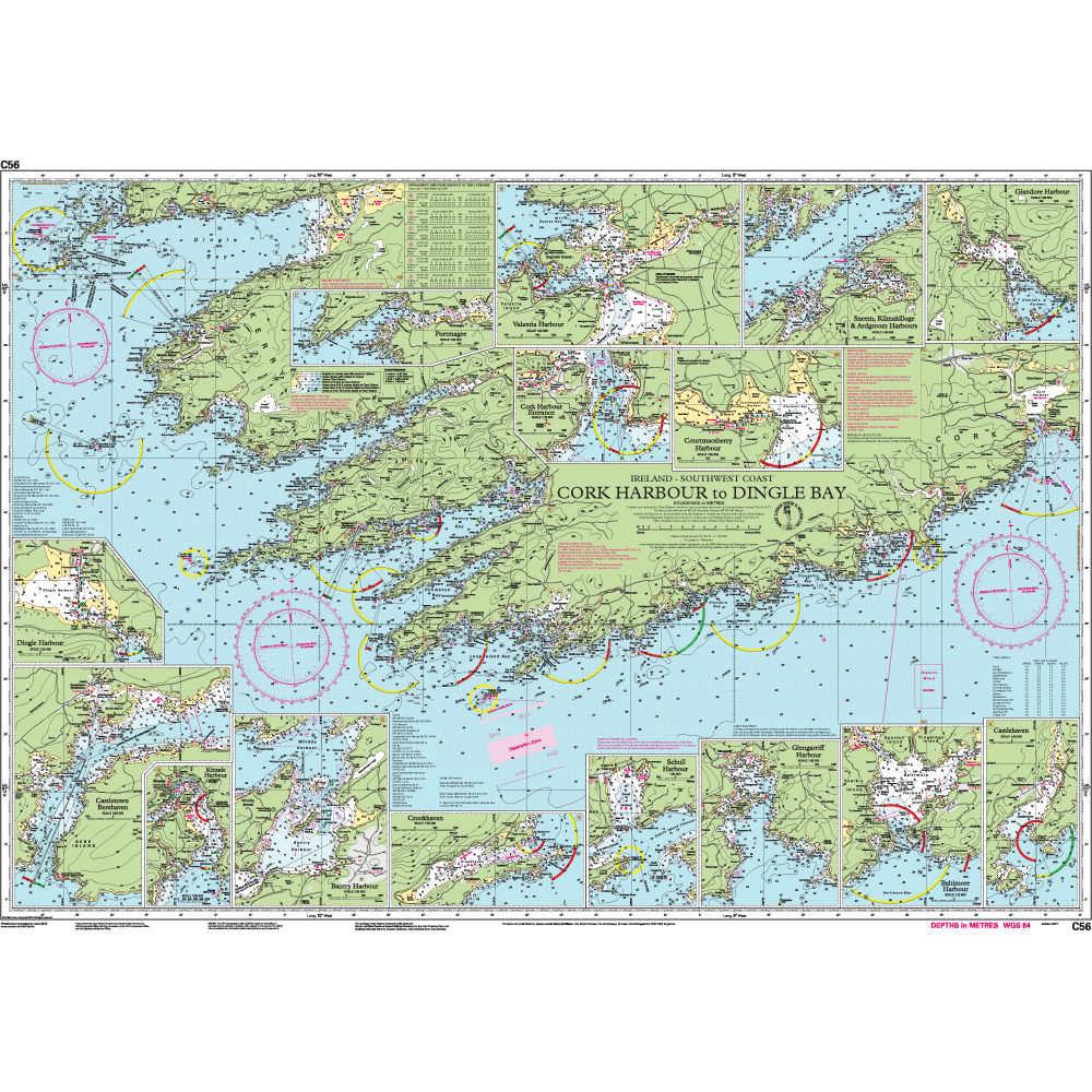 Imray Chart C56: Cork Harbour to Dingle Bay by Imray offers detailed cruising charts of Ireland’s southwest coast, showing coastal contours, depths, navigational markers, islands, harbours, and inset maps for major ports.