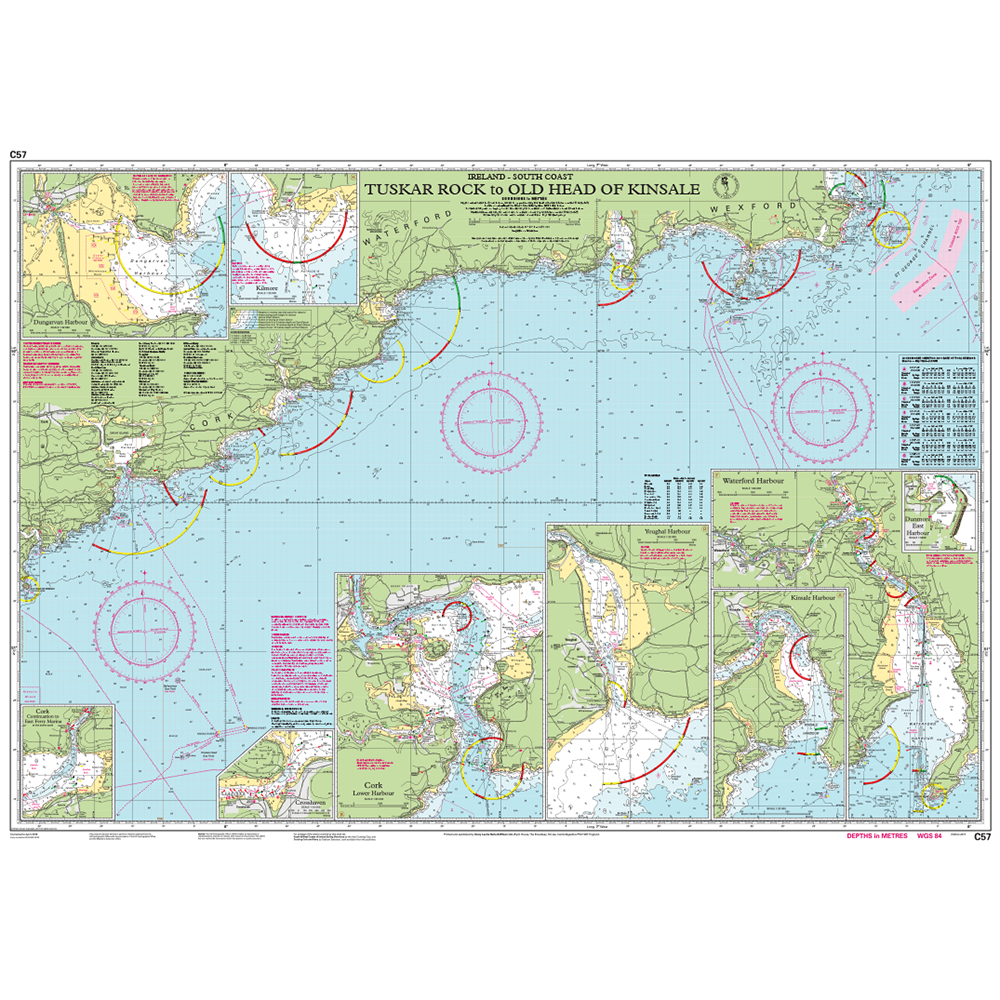 Imray Chart C57: Tuskar Rock to Old Head of Kinsale by Imray features detailed coastal outlines, depths, aids to navigation, and insets—an essential C Series chart for cruising Ireland's southeast coast.