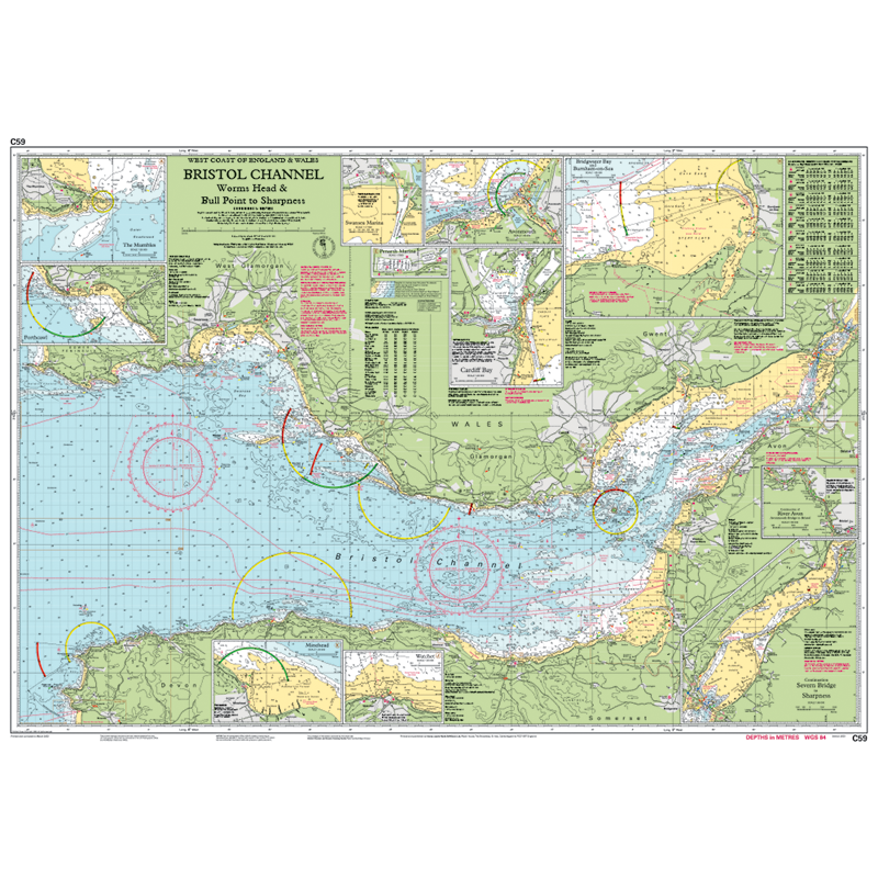 Imray Chart C59: Bristol Channel by Imray provides detailed nautical charts of South Wales and southwest England, including Swansea. Features navigation routes, depth markings, tidal info, colored highlights, and compass roses.