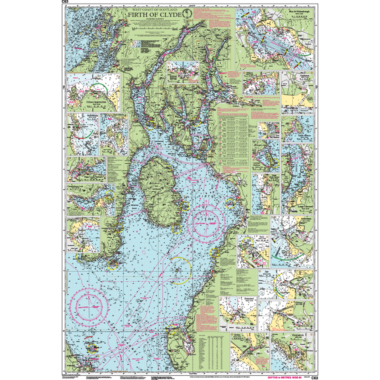 Imray Chart C63: Firth of Clyde by Imray details maritime routes, islands, harbors, navigational markers, depths, and includes annotated insets of ports and coastal areas with full coordinates.