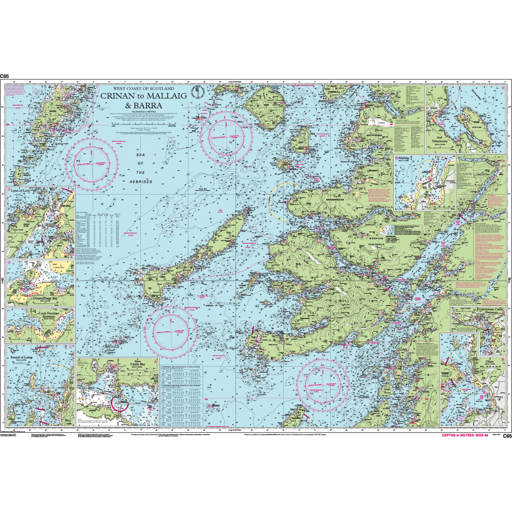 Explore the Imray Chart C65: Crinan to Mallaig and Barra, a comprehensive nautical chart by Imray for small craft navigation along Scotland's West Coast. It includes islands, navigational markers, depth details, compass roses, and insets for targeted areas.