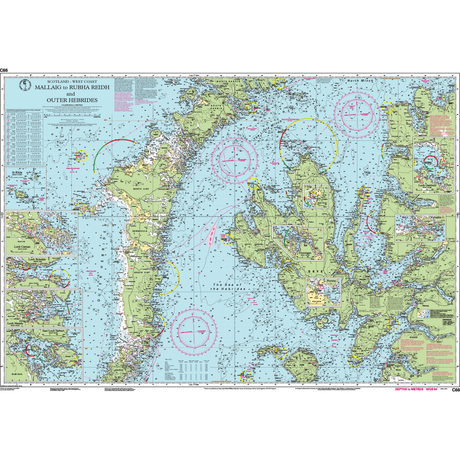 The Imray Chart C66: Mallaig to Rudha Reidh and Outer Hebrides is a durable, weather-resistant nautical chart featuring navigational symbols, depth markings, islands, inlets, and annotated lighthouses for small craft exploring Scotland's west coast.