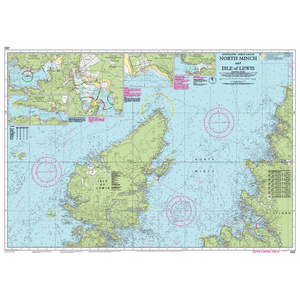 The Imray Chart C67: North Minch and Isle of Lewis by Imray details essential coastal navigation routes, depths, features, and landmarks. Insets offer close-up views, while circular navigational and geographic markers ensure safe passage.