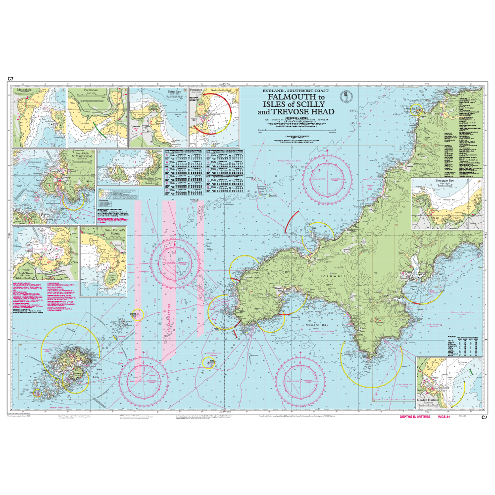 Imray Chart C7: Falmouth to Isles of Scilly and Trevose Head offers detailed coverage of southwest England’s coast, perfect for cruising. Trusted by sailors, this quality Imray chart features important insets and coastal details for safe navigation.