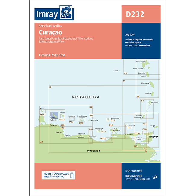 Imray Chart D232: Curaçao by Imray is a nautical chart of Curaçao and nearby Caribbean islands, with labeled sea areas and coastlines, highlighting navigation zones for GPS navigation systems.