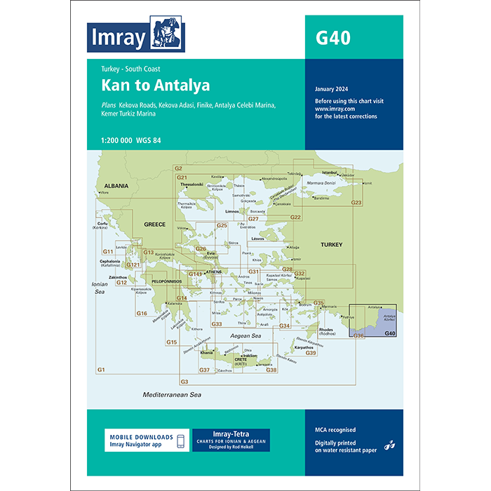 An Imray Chart G40 titled "Kas to Antalya," ideal for the cruising sailor. This nautical chart includes maps of Kalkan Roads, Kekova Adasi, Finike, Antalya Celebi Marina, and Kemer Turkiz Marina. It uses a scale of 1:200 000 WGS 84 and is printed on water-resistant paper. The chart is published by Imray and dated January 202X.