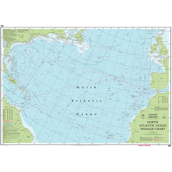 Imray Chart 100 | North Atlantic Ocean Passage Chart by Imray offers a comprehensive view of the North Atlantic, featuring transatlantic passage routes with an array of navigational lines and markings. The chart encompasses regions of North and South America, Europe, and Africa, providing detailed coastal information and clearly outlined, labeled, and color-coded major islands—an indispensable tool for Atlantic yachtsmen who depend on pilot charts.