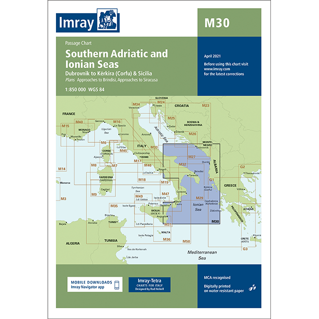 The Imray Chart M30: Southern Adriatic and Ionian Seas by Imray covers Dubrovnik to Kerkira (Corfu) and Sicily, featuring sea areas, ports, islands, and detailed top-section titles as part of the Imray M Series nautical charts.