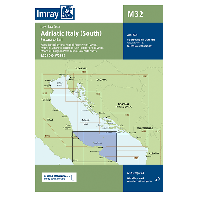 Imray Chart M32: Adriatic Italy (South) by Imray covers the eastern Italian coast from Pescara to Bari, featuring highlighted areas, map grid references, and neighboring countries for cruising sailors.