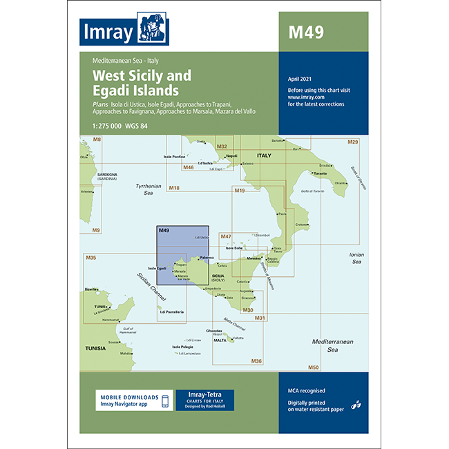 Imray Chart M49: West Sicily and Egadi Islands by Imray highlights the west coast of Sicily and Egadi Islands with detailed chart features, scale, and navigation info—ideal for safe coastal navigation.