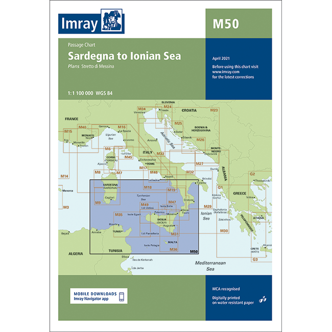 The Imray Chart M50: Sardegna to Ionian Sea by Imray covers map sections for Mediterranean cruising, including Italy, Greece, Albania, and nearby islands. Title and chart details appear in blue and green boxes on the cover.