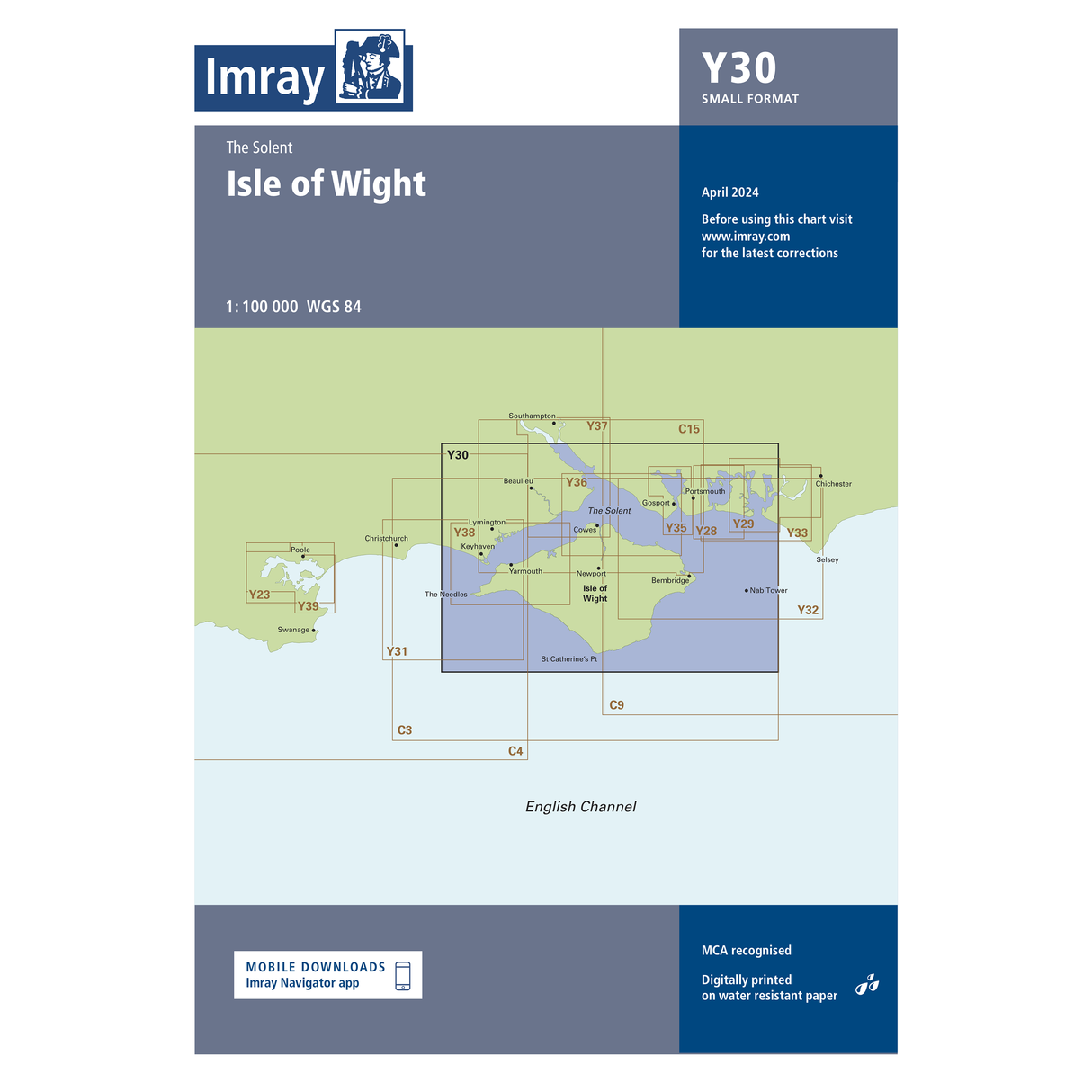Imray Chart Y30: Isle of Wight by Imray features a detailed nautical chart of the Isle of Wight, Solent navigation, boundaries, and April 2024 updates; part of the Imray small format charts series.