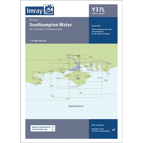 The Imray Chart Y37L titled "Southampton Water," part of the Imray Y Series charts, offers a detailed laminated map of the Southampton Water and its adjoining areas at a 1:35,000 scale. Noted as plan continuation of Southampton Water, it includes chart number Y37L and provides instructions for updates on UK waterways.