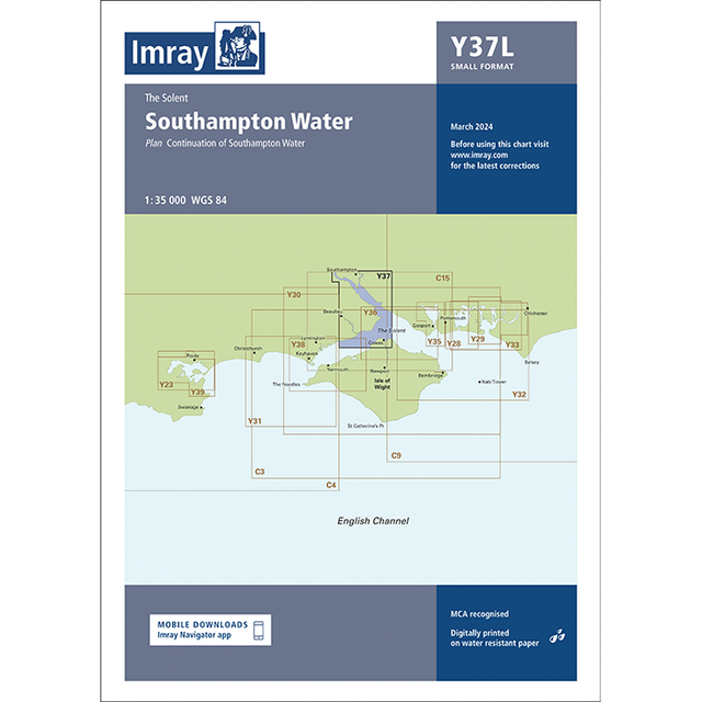 The Imray Chart Y37L titled "Southampton Water," part of the Imray Y Series charts, offers a detailed laminated map of the Southampton Water and its adjoining areas at a 1:35,000 scale. Noted as plan continuation of Southampton Water, it includes chart number Y37L and provides instructions for updates on UK waterways.