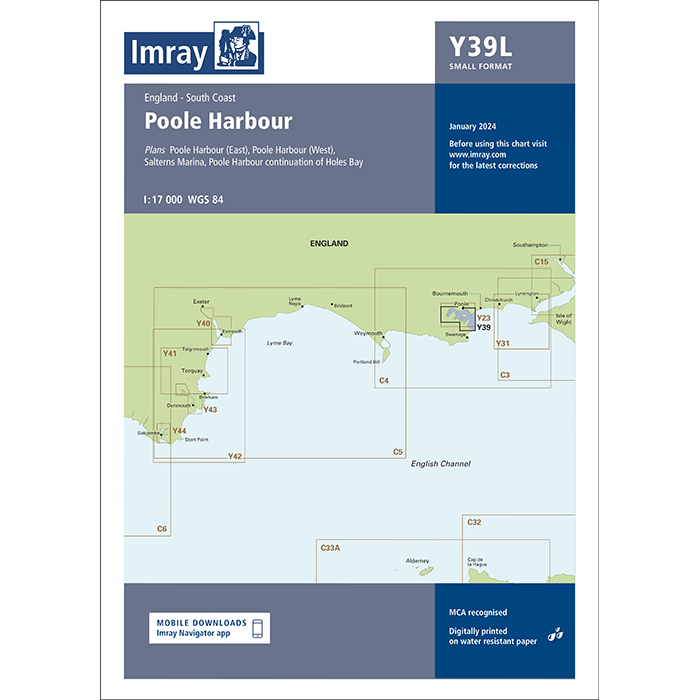 Imray Chart Y39L: Poole Harbour (Laminated) is a water-resistant nautical chart by Imray, covering England’s south coast with marked harbor areas, publication info, navigation app details, and the Imray logo at the top left.