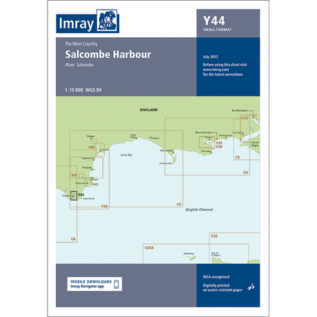 The nautical chart "Imray Chart Y44 | Salcombe Harbour (Small Format)" by Imray provides detailed navigational information for mariners in Salcombe Harbour, located in the West Country. It includes GPS coordinates and features a map scale of 1:15,000. Dated July 2022, this UK waterways chart includes important notes on obtaining the latest corrections.