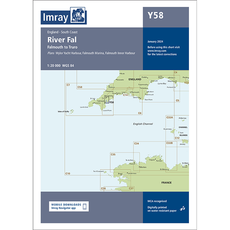 The Imray Chart Y58 | River Fal by Imray covers the region from Falmouth to Truro on England's South Coast. As part of the Imray Y Series charts, it includes detailed plans for Mylor Yacht Harbour, Falmouth Marina, and Falmouth Inner Harbour. The chart is formatted in WGS 84 at a 1:20,000 scale.