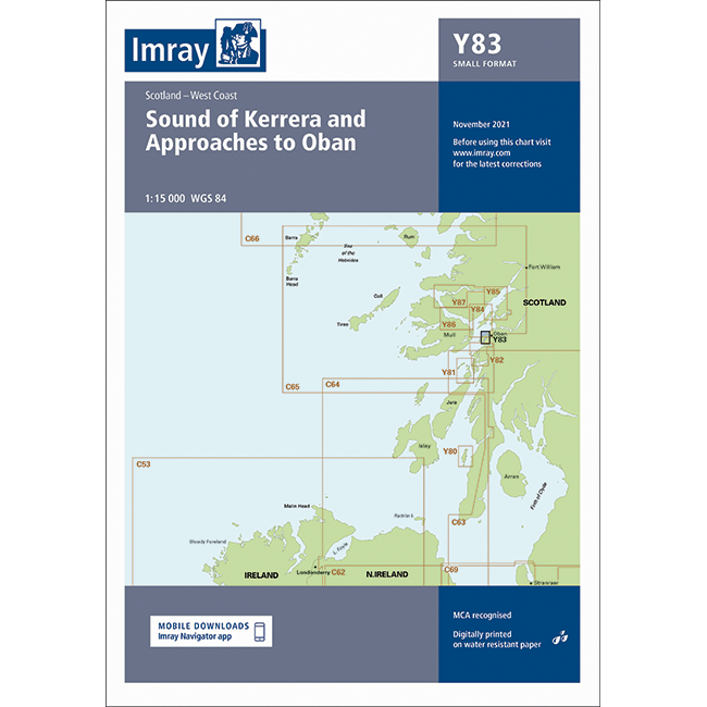 The Imray Chart Y83, titled "Sound of Kerrera and Approaches to Oban (Small Format)," covers the west coast of Scotland, featuring detailed navigation and coastal outlines. Dated November 2021, it uses WGS 84 datum at a scale of 1:15,000, making it an essential tool for exploring UK waterways.