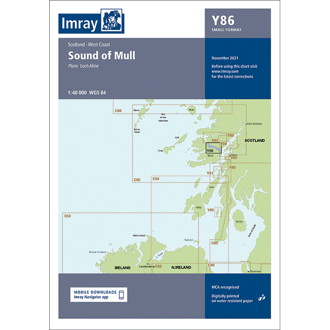 The Imray Chart Y86, titled "Sound of Mull," from the Imray brand, is a small-format nautical chart that covers the West Coast of Scotland and Loch Aline. It features grid references and detailed navigational information. An important note mentions updates as of November 2021 and recommends checking for the latest corrections before use.