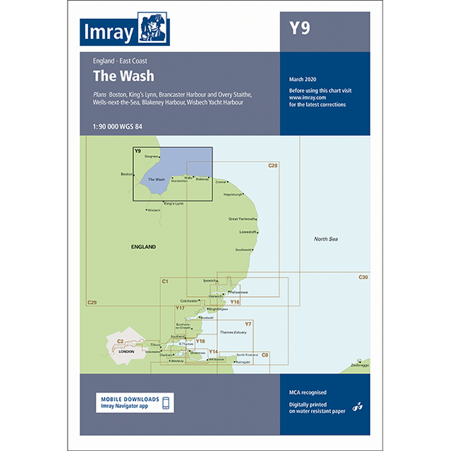 The Imray Chart Y9, a nautical chart from the Imray brand, covers the Wash area on England's East Coast. It includes detailed navigational information for Boston, King's Lynn, Brancaster Harbour, Wells-next-the-Sea, Blakeney Harbour, and Wisbech Yacht Harbour. The chart has been updated with details from a visit in March 2020 and features a QR code for mobile downloads.