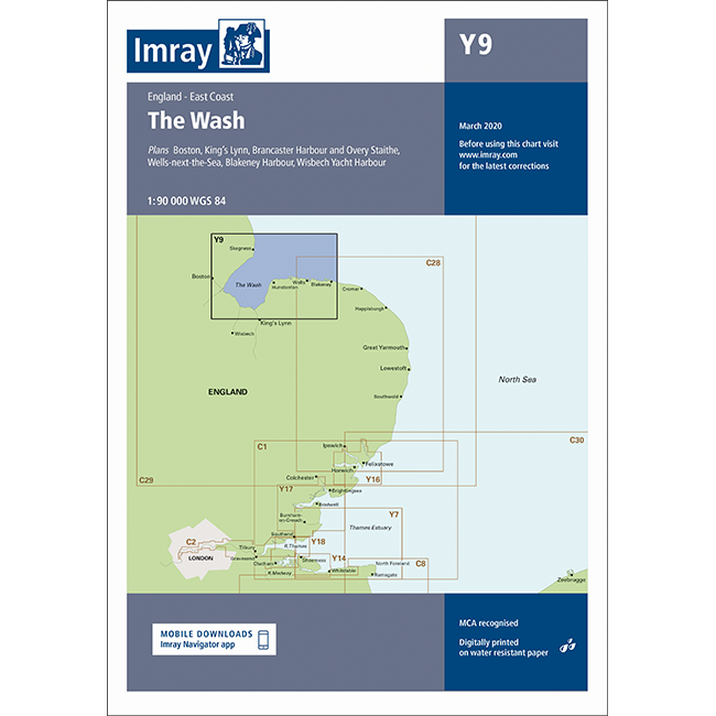 The Imray Chart Y9, a nautical chart from the Imray brand, covers the Wash area on England's East Coast. It includes detailed navigational information for Boston, King's Lynn, Brancaster Harbour, Wells-next-the-Sea, Blakeney Harbour, and Wisbech Yacht Harbour. The chart has been updated with details from a visit in March 2020 and features a QR code for mobile downloads.