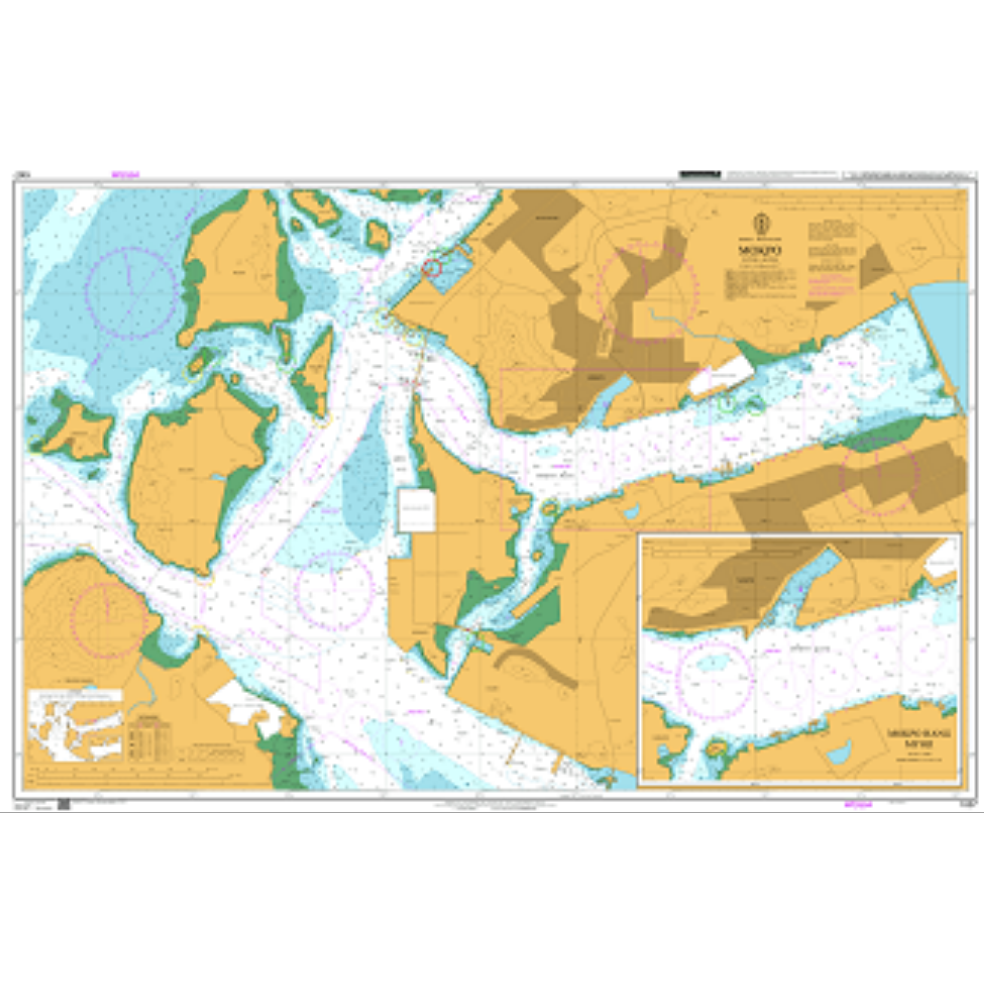 The Admiralty Chart 1007 | Mokpo by Admiralty is an essential paper chart for deep-sea navigation, showcasing detailed representations of waterways, landmasses, and navigational markings. It includes depth measurements, channel markers, and an inset for closely examining specific areas. Land is depicted in brown while water appears in blue.