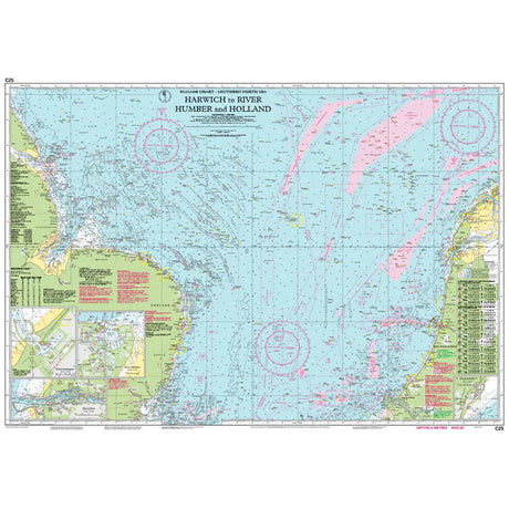 The Imray Chart C25: Harwich to River Humber and Holland, produced by Imray, is a weather-resistant nautical chart that illustrates routes from Harwich to River Humber and Holland. It includes numerous depth measurements and navigational symbols. Detailed port and harbor plans provided in the insets make it ideal for small craft navigating this busy area.
