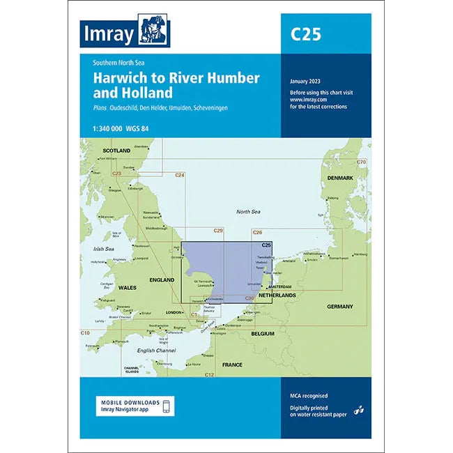 Introducing the Imray Chart C25: Harwich to River Humber and Holland, a weather-resistant cover that highlights the southern North Sea, including areas of England and the Netherlands. It provides detailed plans for port navigation between Harwich and the River Humber as well as Holland. Perfect for small craft enthusiasts, this edition was published by Imray in January 2023.