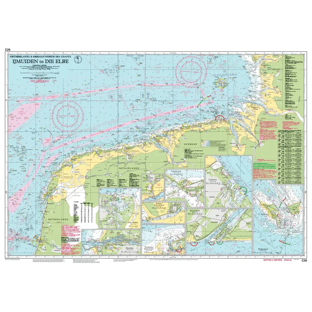 The Imray Chart C26: IJmuiden to Die Elbe by Imray is a nautical chart illustrating the Netherlands and German North Sea Coasts from IJmuiden to the Elbe, featuring detailed maps of relevant ports, coastal features, and navigational aids. This chart includes updated depth surveys for small craft, shipping lanes, and coastal topography.