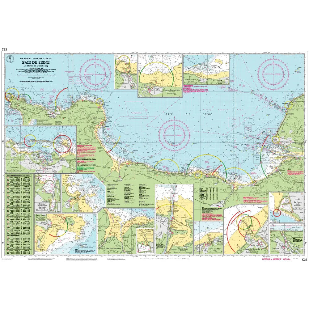 Introducing the Imray Chart C32: Baie de Seine by Imray, a weather-resistant nautical chart of Baie de Seine, France. It highlights coastal areas, sea routes, and navigational markers. Insets provide detailed views for small craft harbors and approaches, complete with depth contours and compass roses.