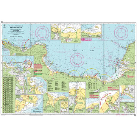 Introducing the Imray Chart C32: Baie de Seine by Imray, a weather-resistant nautical chart of Baie de Seine, France. It highlights coastal areas, sea routes, and navigational markers. Insets provide detailed views for small craft harbors and approaches, complete with depth contours and compass roses.