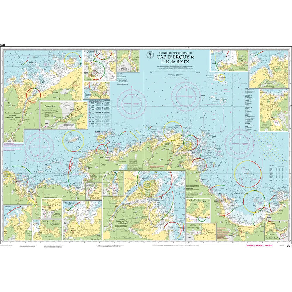 The Imray Chart C34: Cap d'Erquy to Ile de Batz, by Imray, provides a detailed nautical map of the North Coast of France, ranging from Cap d’Erquy to Île de Batz. It is tailored for small craft and includes insets of coastal areas, navigational markers, depth contours, and maritime routes set against a sea blue water and green land background.