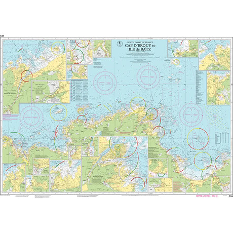 The Imray Chart C34: Cap d'Erquy to Ile de Batz, by Imray, provides a detailed nautical map of the North Coast of France, ranging from Cap d’Erquy to Île de Batz. It is tailored for small craft and includes insets of coastal areas, navigational markers, depth contours, and maritime routes set against a sea blue water and green land background.