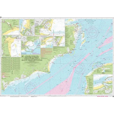 The Imray Chart C8: Dover Strait is a weather-resistant marine chart by Imray, featuring detailed views of North Foreland, Beachy Head, and Boulogne. It includes insets, routes, depth markings, and aids for small craft navigation with clearly marked ports and coastal features for safety.