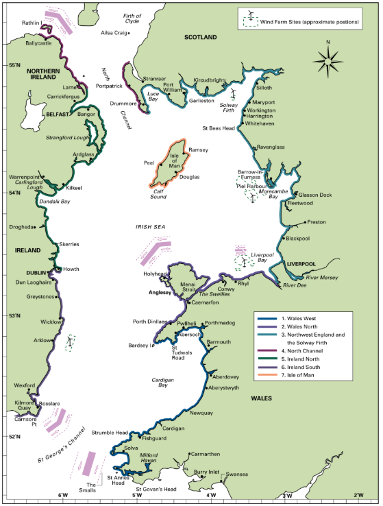 Imray’s Irish Sea Pilot features a map of wind farm sites (pink dots), labeled coastal regions, and boundaries—perfect for passage planning or as a visual aid with your Irish Sea Pilot cruising guide.