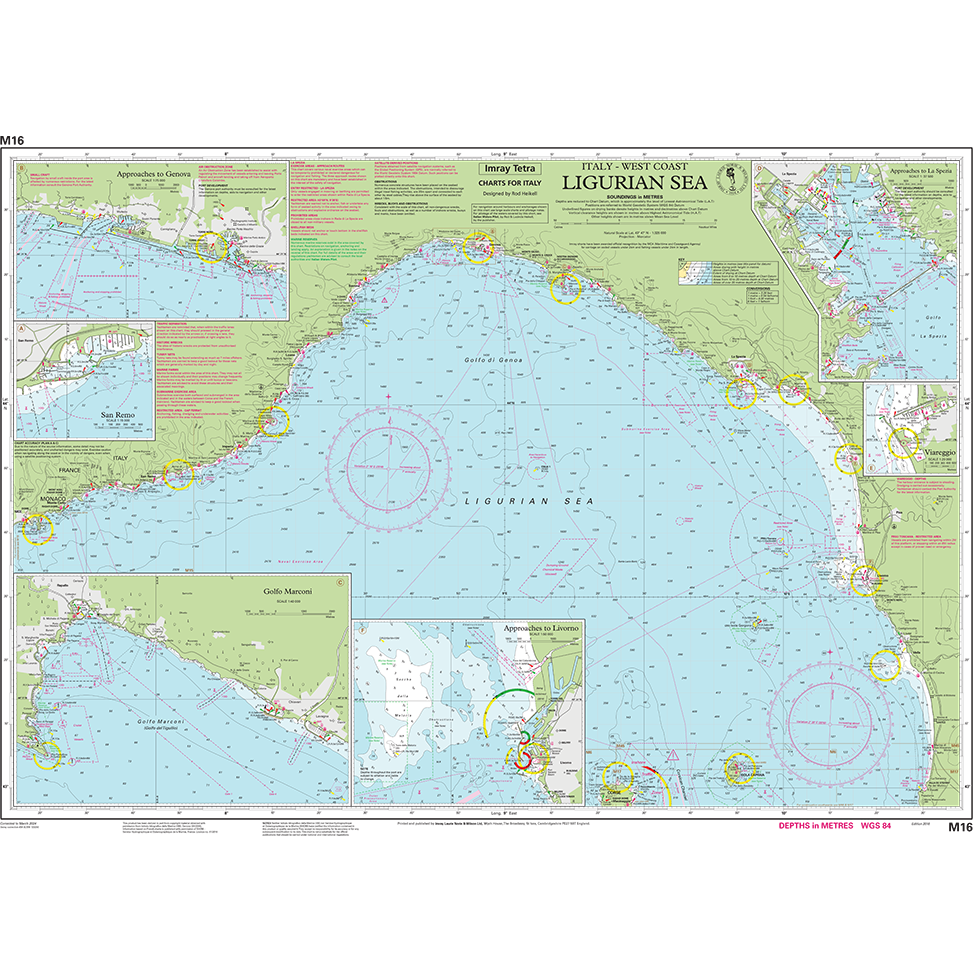 Imray Chart M16: Ligurian Sea by Imray details Italy’s west coast, displaying coastal outlines, ports, depth markings, navigational symbols, and inset harbor plans of Genoa, La Spezia, and Livorno.