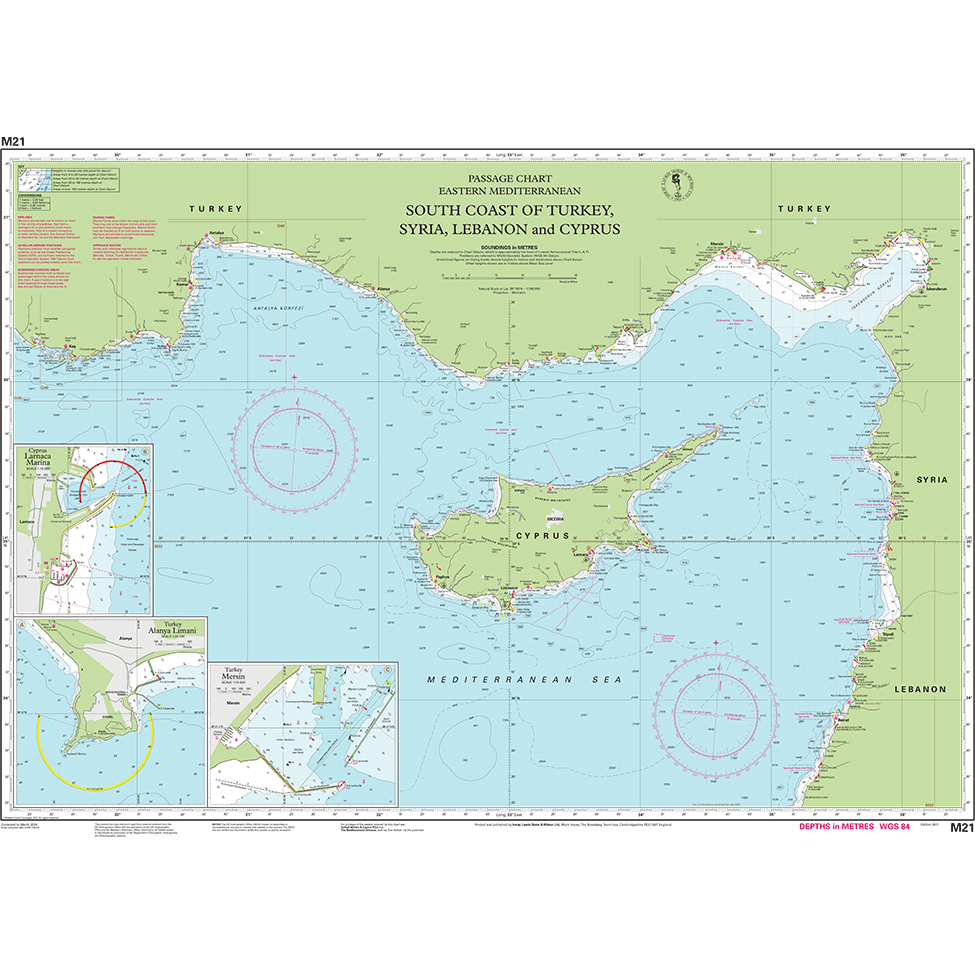 Imray Chart M21 by Imray covers the south coast of Turkey, Syria, Lebanon and Cyprus in the eastern Mediterranean, with depth markings and two inset maps—ideal Mediterranean Sea chart for cruising sailors’ navigation.
