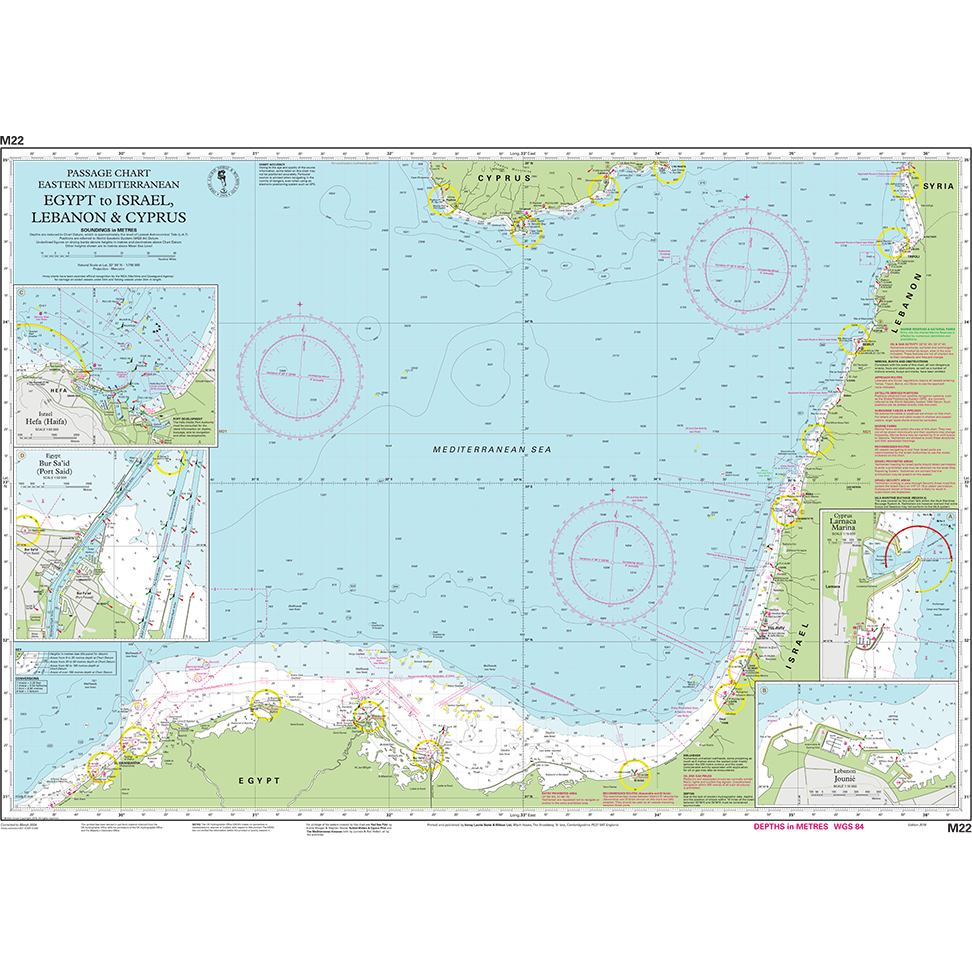 Imray Chart M22: Egypt to Israel, Lebanon and Cyprus by Imray is a detailed nautical chart with navigational markings and depth data, ideal for cruising sailors using GPS on the Eastern Mediterranean Sea.