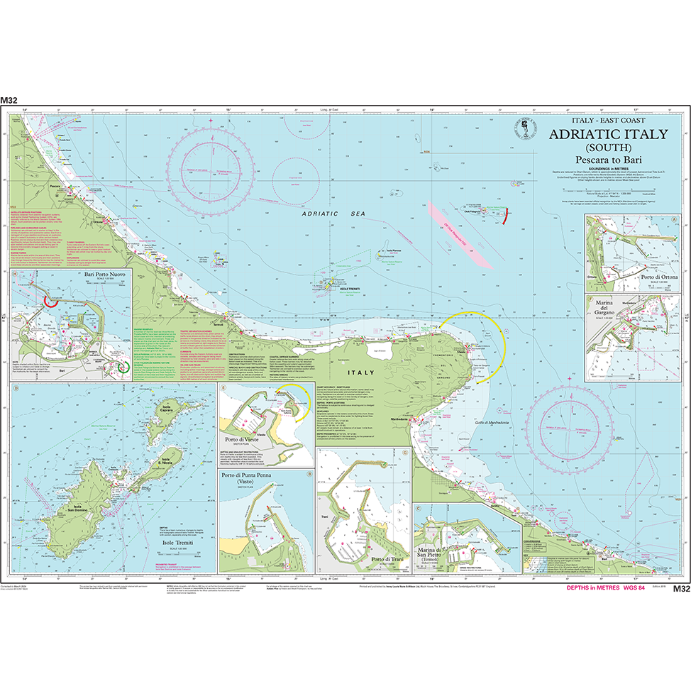Imray Chart M32: Adriatic Italy (South) by Imray details Italy’s Adriatic coast from Pescara to Bari, with coastal outlines, water depths, navigation aids, ports, and harbor insets—ideal for cruising sailors.