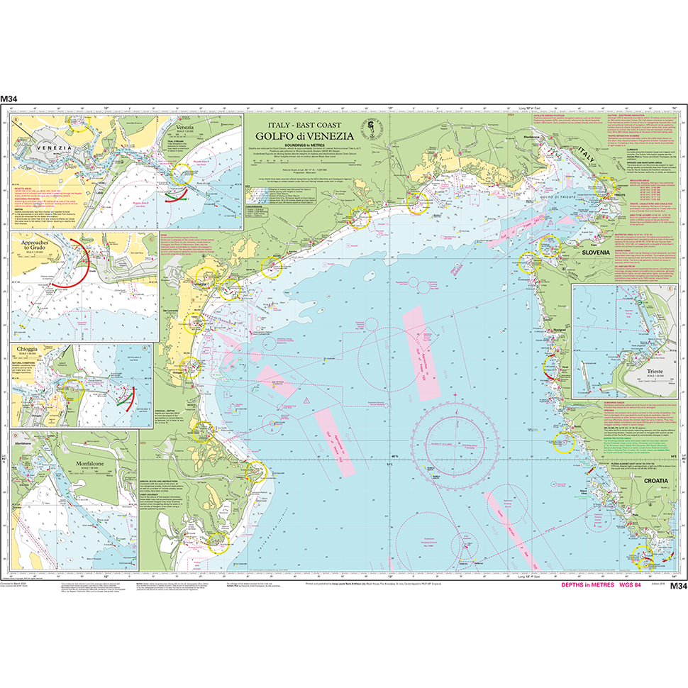 Imray Chart M34: Golfo di Venezia by Imray details the coastlines of Italy, Slovenia, and Croatia with navigation routes, depth markings, ports, lighthouses, and harbor insets. Labels are in Italian and English. Part of the Imray Mediterranean series.