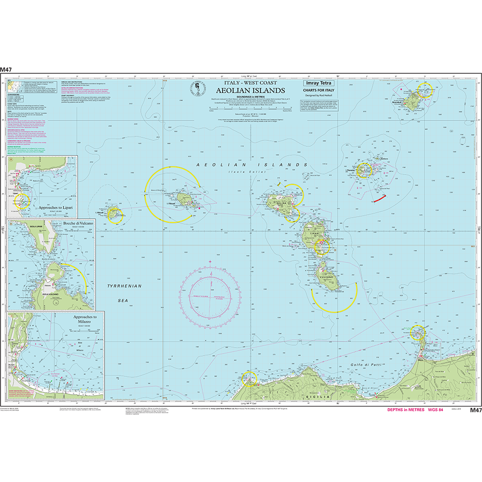 Imray Chart M47: Aeolian Islands by Imray details the islands off Italy’s west coast, showing coastal features, water depths, navigation routes, and inset port maps. Part of the Imray M Series charts for the Mediterranean Sea.