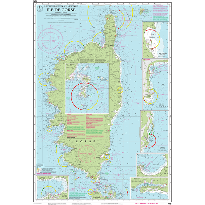 Imray Chart M6: Île de Corse—detailed Imray nautical chart of Corsica showing coastline, sea depths, harbors, and markers. Includes key port insets. Ideal for cruising sailors; part of the renowned Imray M Series charts.