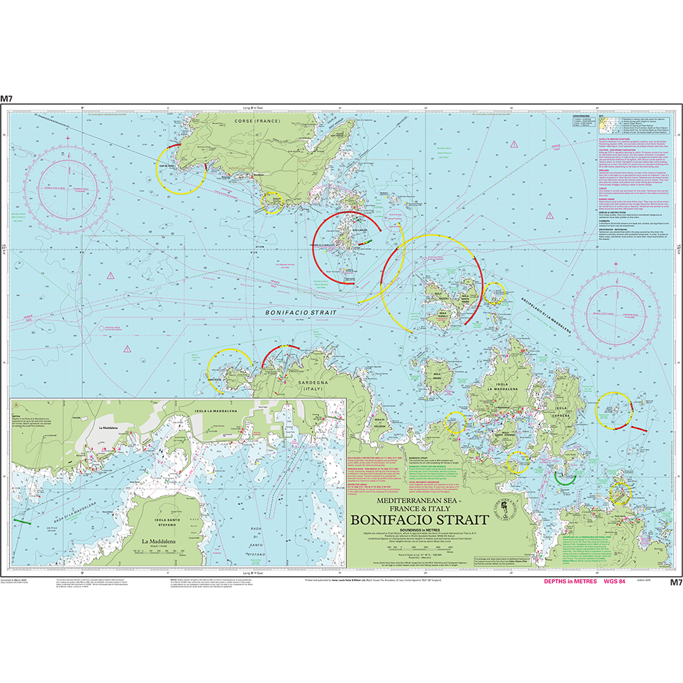 Imray Chart M7: Bonifacio Strait by Imray details maritime routes, depth contours, navigation aids, warning zones (yellow/red), and includes an inset La Maddalena chart at the bottom left between Corsica and Sardinia.