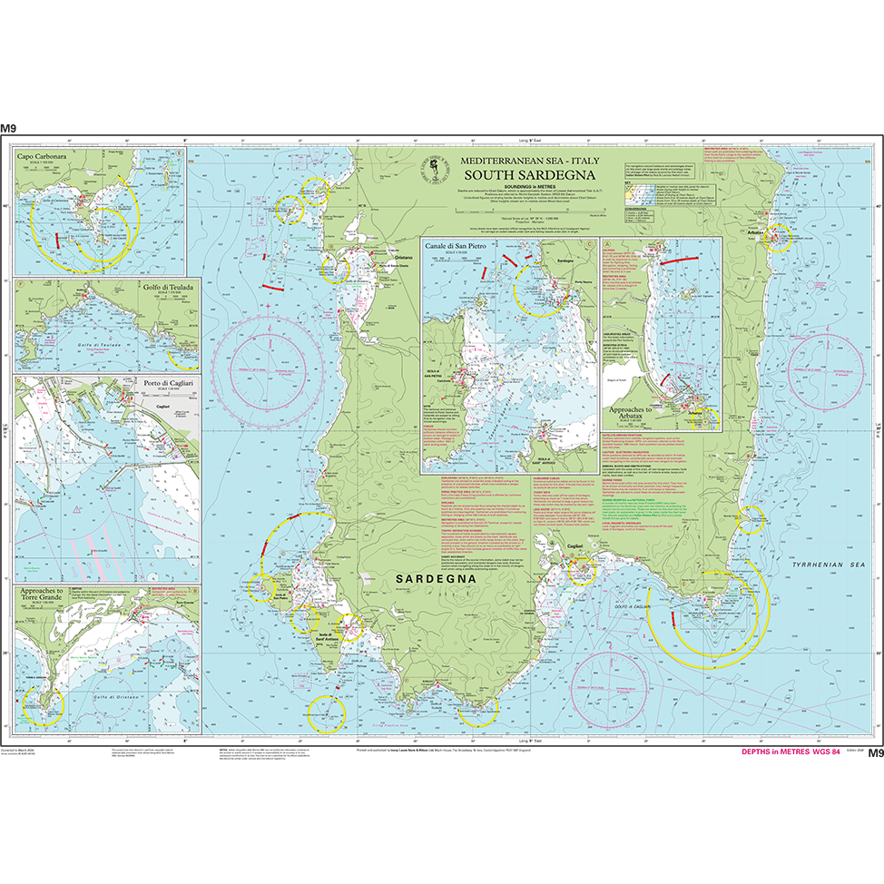 Imray Chart M9: South Sardegna by Imray is a nautical chart for Mediterranean navigation, featuring coastal details, ports, depth contours, hazard zones, and harbor insets with symbols and coordinates.