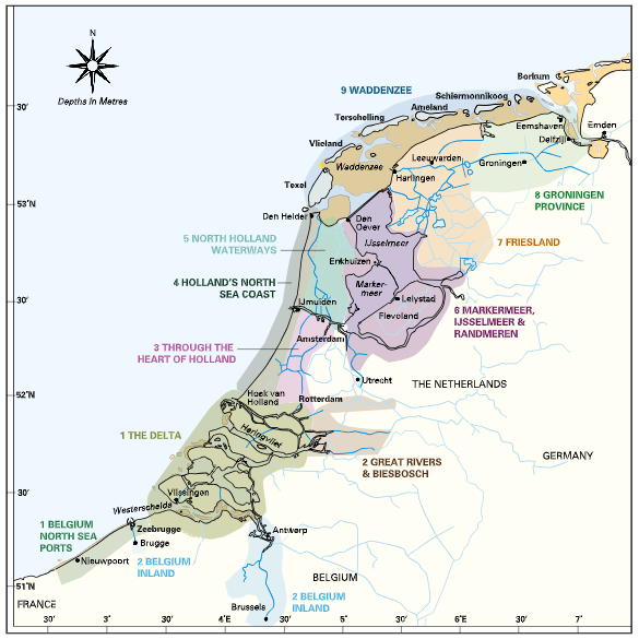 The Imray Cruising Guide to the Netherlands and Belgium features a map with nine key water regions, city labels, borders, and water depths in meters—ideal for route planning. Neighboring countries and seas are also clearly marked.