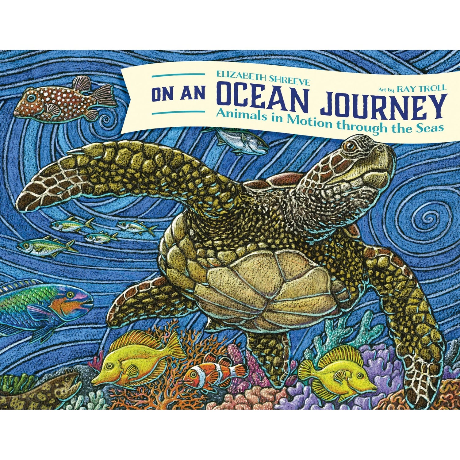 An illustrated sea turtle swims among vibrant ocean life and swirling blue patterns, with the book title "On An Ocean Journey" by Little Bigfoot featured above.