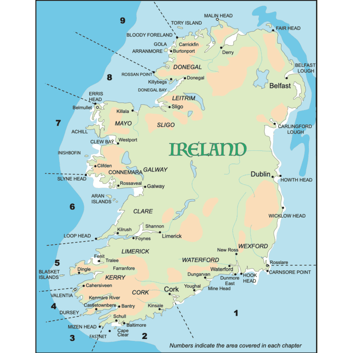 The "South & West Coasts of Ireland" by the Irish Cruising Club features a map highlighting major cities, landmarks like the Cliffs of Moher and Blarney Castle, geographical features along the coast, labeled regions such as Galway, Mayo, Cork, and Wexford, with numbered areas for ports and anchorages chapters.