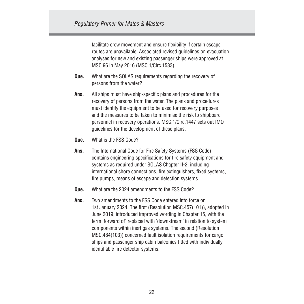 The document "Regulatory Primer for Mates & Masters (2024/25)" by Witherby Seamanship discusses SOLAS amendments and the FSS Code, providing important updates from 2014 and 2015 on safety equipment and maritime regulations essential for cargo operations.