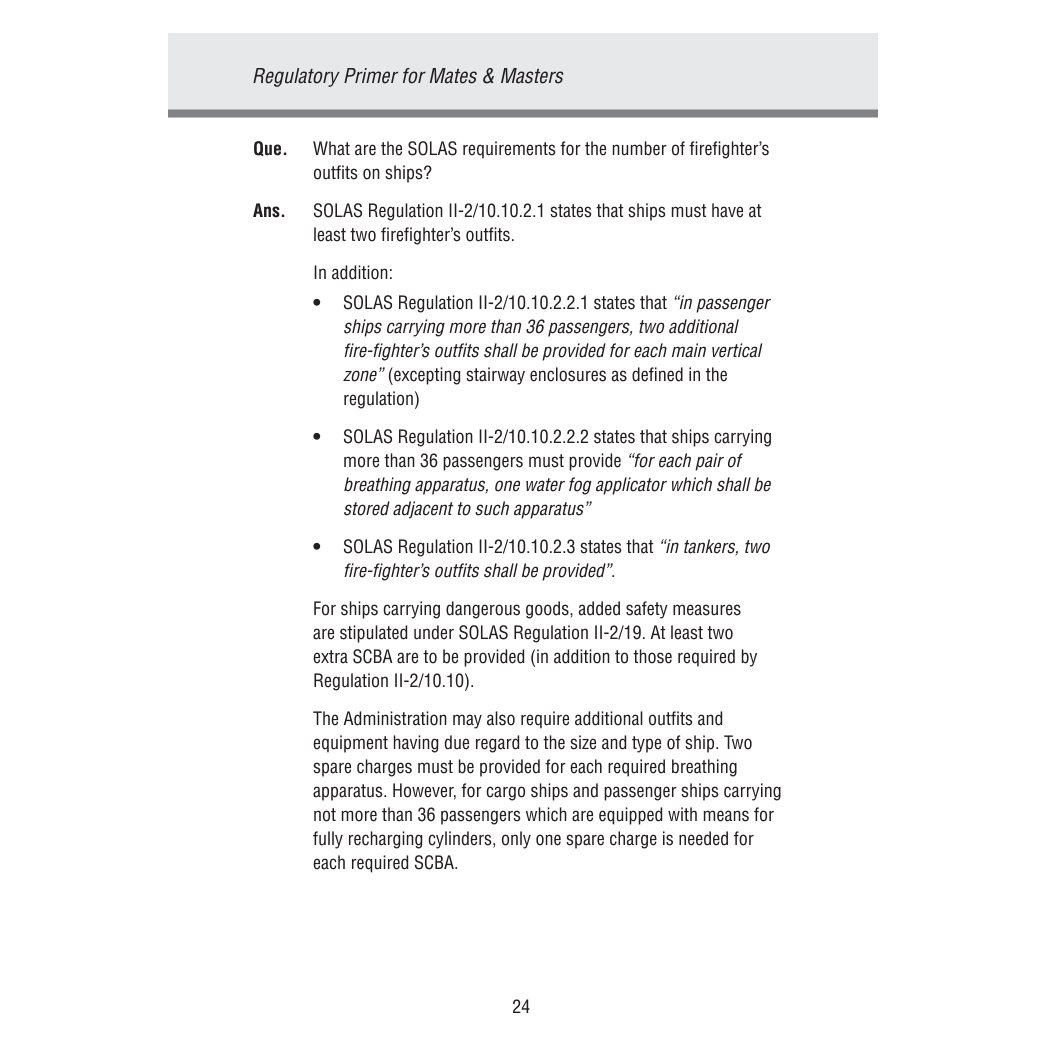 The document, "Regulatory Primer for Mates & Masters (2024/25)" by Witherby Seamanship, explores SOLAS changes affecting firefighter's outfits on ships, detailing maritime regulations and extra safety measures for tankers and passenger vessels.